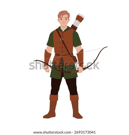 Medieval Archer with Bow and Quiver. Flat vector illustration isolated on white background