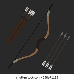 Medieval archer long bow with arrows and quiver. Color clip art vector illustration isolated on gray
