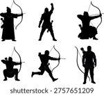 Medieval archer warrior silhouette set with bow and arrows, historical soldier aiming and running in battle poses, ancient combat character vector illustration isolated.
