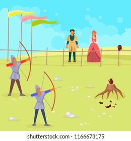 Medieval archery scene. Vector illustration of two archers aiming with bow and arrow. Flat style design.
