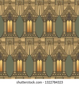 Medieval architectual elements. Seamless pattern in a style of a medieval tapestry or illuminated manuscript. EPS10 vector illustration