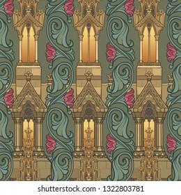 Medieval architectual elements. Seamless pattern in a style of a medieval tapestry or illuminated manuscript. EPS10 vector illustration