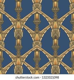 Medieval architectual elements. Seamless pattern in a style of a medieval tapestry or illuminated manuscript. EPS10 vector illustration