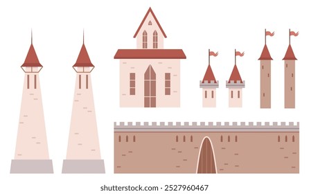 Elementos arquitetônicos medievais, incluindo torres, uma parede do castelo, edifícios fortificados e torres com bandeiras. Ideal para temas de história, entusiastas de arquitetura, recursos educacionais, fantasia