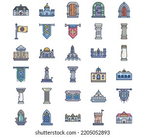 Medieval architecture and castle icon set