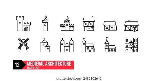 medieval architecture icon set buildings, church, cathedral, chapel, mill, windmill, cottage, house, castle, tower	
