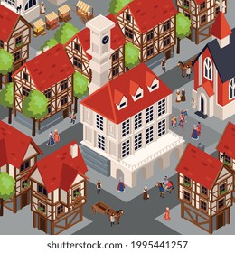 Medieval architecture isometric background with traditional cozy town vector illustraion