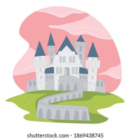 Medieval architecture with pink clouds, isolated fairy tale castle or fortress with towers. Mysterious dwelling or kingdom of queen and king. Mansion in wonderland. Vector in flat style illustration