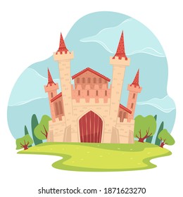 Medieval architecture and wonderland castle, fantasy or fairy tale structure. Sightseeing or heritage of old country. Kingdom or enchanted dwelling of prince and princess. Vector in flat style