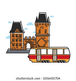 Medieval architecture of yellow brick and retro tram