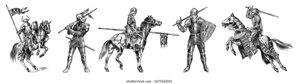 Medieval armed knight in armor and on a horse. Historical ancient military characters set. Prince with a spear and a flag. Ancient fighters. Vintage vector sketch. Engraved hand drawn illustration.