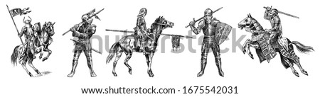 Medieval armed knight in armor and on a horse. Historical ancient military characters set. Prince with a spear and a flag. Ancient fighters. Vintage vector sketch. Engraved hand drawn illustration.