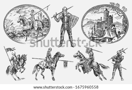 Medieval armed knight in armor and on a horse. Historical ancient military characters set. Cavalier with a spear and a flag. Ancient fighters. Vintage vector sketch. Engraved hand drawn illustration.