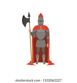 Medieval armed knight character in red mantle standing with axe vector Illustration on a white background
