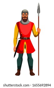 Mittelalterlicher bewaffneter Ritterwächter einzeln auf Weiß. Rüstung, die männlichen Charakter mit Speer in der Hand und Schwert auf Gürtel bewacht. Sicherheitsmann mit Stahlhelm. Cartoon-Krieger. Vektorillustration-Illustration