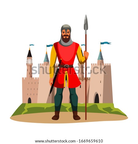 Medieval armed knight guard man protecting castle. Armor guarding male character with spear in hand and sword on belt. Security person wearing steel helmet. Cartoon warrior. Vector Illustration