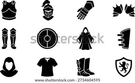Medieval armor and clothing icons vector set in black silhouette style, featuring chest armor, knight helmet, gauntlets, shoulder pads, greaves, round shield, hooded cloak, tunic, boots and lion crest shield, perfect for fantasy RPGs, cosplay graphics and historical illustrations.