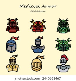 Mittelalterliche Rüstung Editierbare Ikonen gesetzt gefüllten Linienstil. Mit verschiedenen Formen. Rüstung, Samurai, Ritter, Helm, Krieger. Gefüllte Sammlung