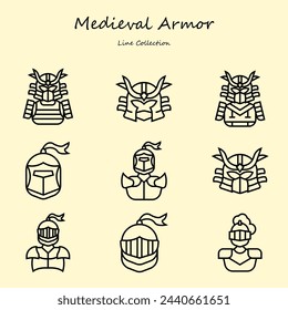 armadura medieval iconos editables estilo de línea. con varias formas. armadura, samurai, caballero, casco, guerrero. colección de contornos