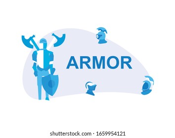 Medieval Armor Isolated on White Background, Medieval Knight with Axes and Shield, Helmets Collection, Ancient Costume for Battle, Museum Exposition Cartoon Flat Vector Illustration, Banner, Icon