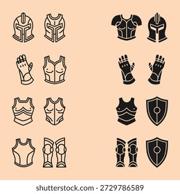 Conjunto de armadura medieval com capacetes, luvas e escudos exibidos em um estilo de design plano com texturas metálicas detalhadas e padrões intrincados em um fundo bege neutro
