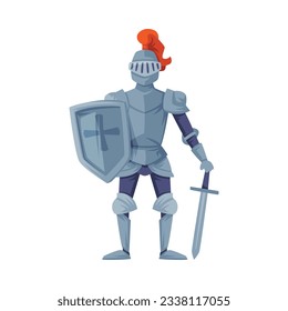 Medieval armored knight holding shield and sword ready to joust, front view vector illustration