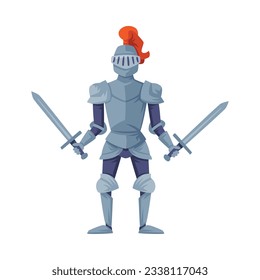 Medieval armored knight holding two swords ready to joust vector illustration