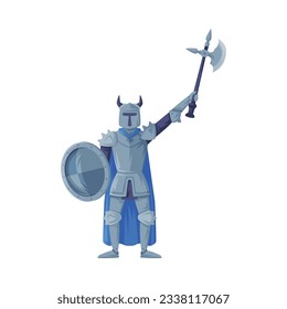 Medieval armored knight in horned helmet standing with poleaxe raised vector illustration