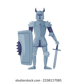 Medieval armored knight in horned helmet. Ancient warrior with shield and sword vector illustration