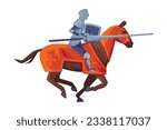 Medieval armored knight riding horse. Knight with sword in his hands preparing to strike in joust vector illustration