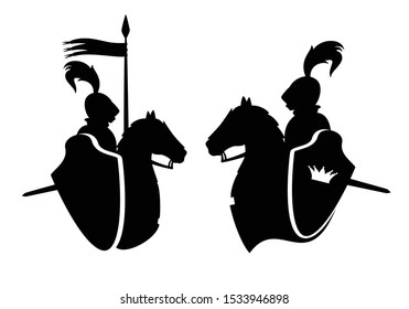 medieval armored knight riding horse with royal shield - black and white vector silhouette design set