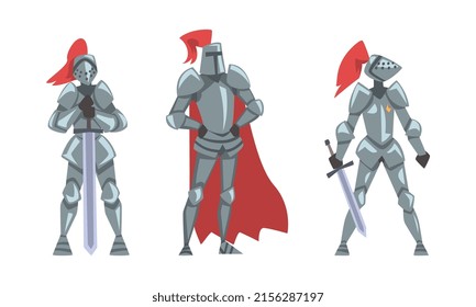 Medieval armored knights standing with swords vector illustration