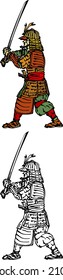 Medieval armored warrior wielding a sword. Hand drawn vector illustration.