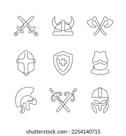 Medieval armour artistic style continuous line icons. Editable stroke.