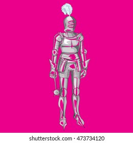 Medieval armour cartoon illustration over a magenta background