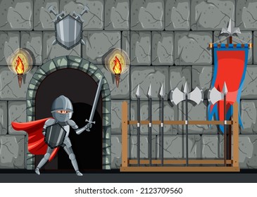 Guerrero de armas medievales con ilustración en rack de armas