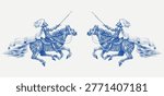 Medieval armoured knight horseback with a sword facing towards. Barded horse jumping in full armour for fight. Hand drawn engraving in traditional ink style 