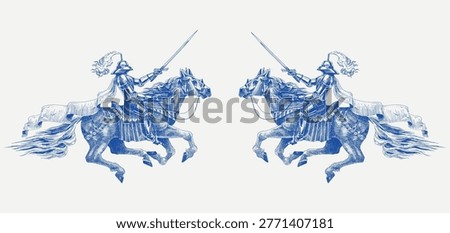 Medieval armoured knight horseback with a sword facing towards. Barded horse jumping in full armour for fight. Hand drawn engraving in traditional ink style 