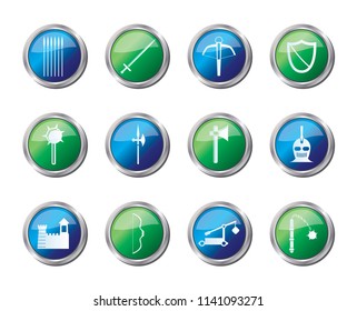 medieval arms and objects icons over colored background - vector icon set 