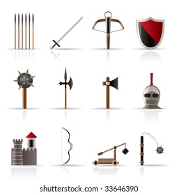 medieval arms and objects icons - vector icon set