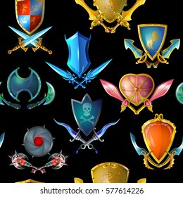 Trama de armas medievales sin fisuras con coloridas armas y escudos para el diseño de juegos en ilustración vectorial de fondo oscuro