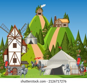 Medieval army camp scene in cartoon style illustration