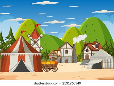 Medieval army camp scene in cartoon style illustration