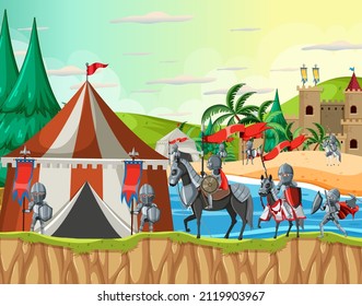 Medieval army camp scene with knights in cartoon style illustration