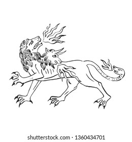 Medieval art chimera fire breathing lion with goat head and snake illuminated scroll illustration ink drawing ancient beast in bestiary of european monks vector isolated on white