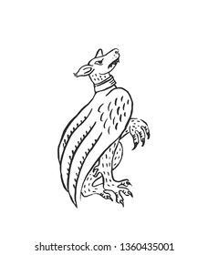 Medieval art chimera flying dog gargoyle illuminated scroll illustration ink drawing ancient beast in bestiary of european monks vector isolated on white