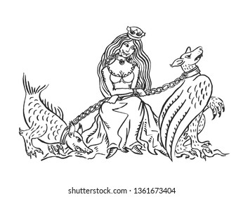 Medieval art evil queen with chimera pets in chains illuminated manuscript ink drawing animal obuse concept European middle ages Chompette vector illustration isolated on white