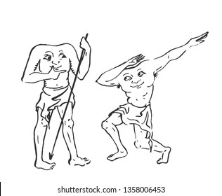 Medieval art headless people blemmyes or blemees making dab, middle ages style black ink drawing illuminated manuscript vector art isolated on white