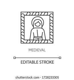 Medieval art style pixel perfect linear icon. European cultural movement. Christian iconography. Thin line customizable illustration. Contour symbol. Vector isolated outline drawing. Editable stroke