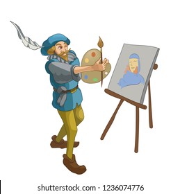 Medieval artist creates a masterpiece, vector illustration.